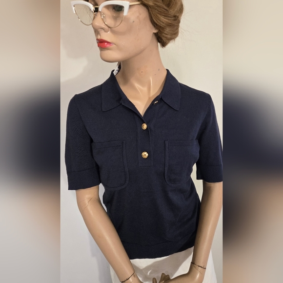 Michael Kors Navy Blue Blouse with Gold Buttons.  BRAND NEW WITH TAGS - Picture 2 of 9